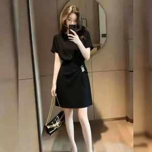 Đầm ngắn tay cổ tròn màu đen phong cách Hàn Quốc Phiên bản Slim-Fit hẹp phiên bản mùa hè hàng ngày tất cả-