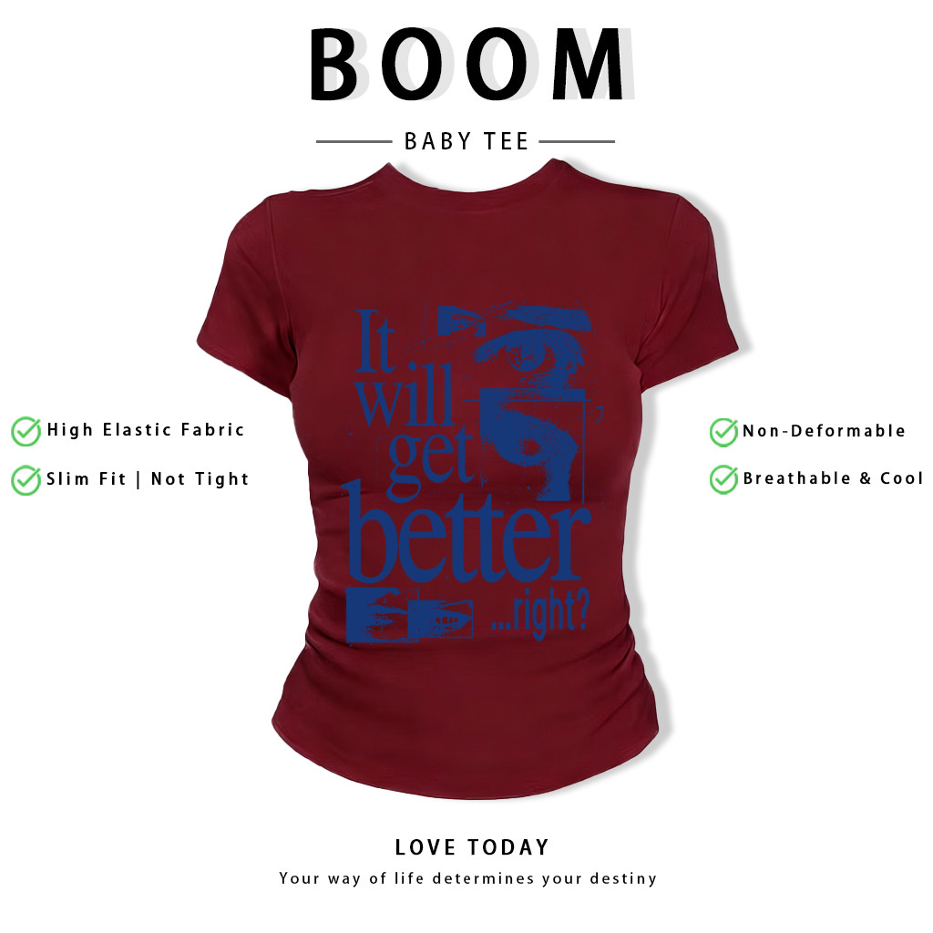 BOOM Áo Baby Tee Nữ Cotton Ôm Body-Áo Thun Ngắn Tay Y2K In Hình PhongCách Mùa Hè, Cổ Tròn Hàng Đầucách hàn quốc phongV11