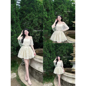 ĐẦM REN LÔNG 2 DÂY TRỄ VAI XOÈ BYJOLIE