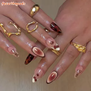 FAVORITEGOODS 24 Móng Tay Giả, Móng Tay Giả Hạnh Nhân Dài Viền Trắng Pháp, Làm Móng Tay Aurora Bướm Dâu Tây Có Thể Tháo Rời Đầy Sao Vàng Ripple Bấm Vào Móng Tay Nữ