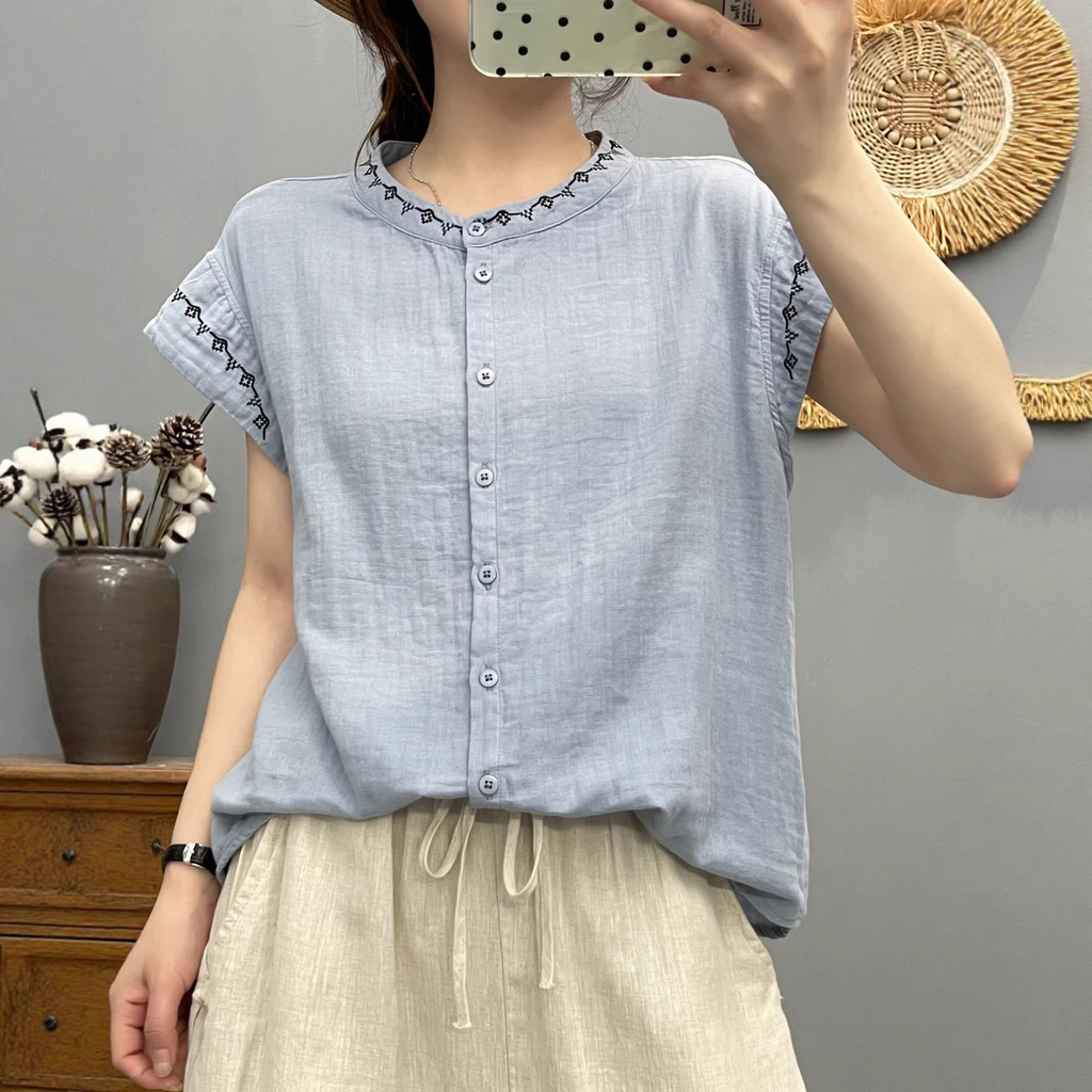 [Sẵn Sàng] Áo Sơ Mi Nữ Sợi Cotton Cao Cấp Mùa Hè 2026 Phong Cách Dân Tộc Thiết Kế Niche Không Tay