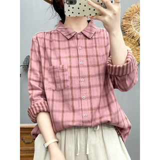 [Hàng có sẵn] Áo sơ mi nữ 100% Cotton chất lượng cao Kẻ sọc dài tay mềm mại thân thiện với da và thoáng khí Áo nhuộm hai mặt dáng rộng đa năng