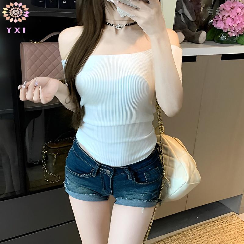 Y.X.I Nữ Tay Ngắn Vai Áo Màu Trơn Phù Hợp Với Áo Thun Gợi Cảm Mới