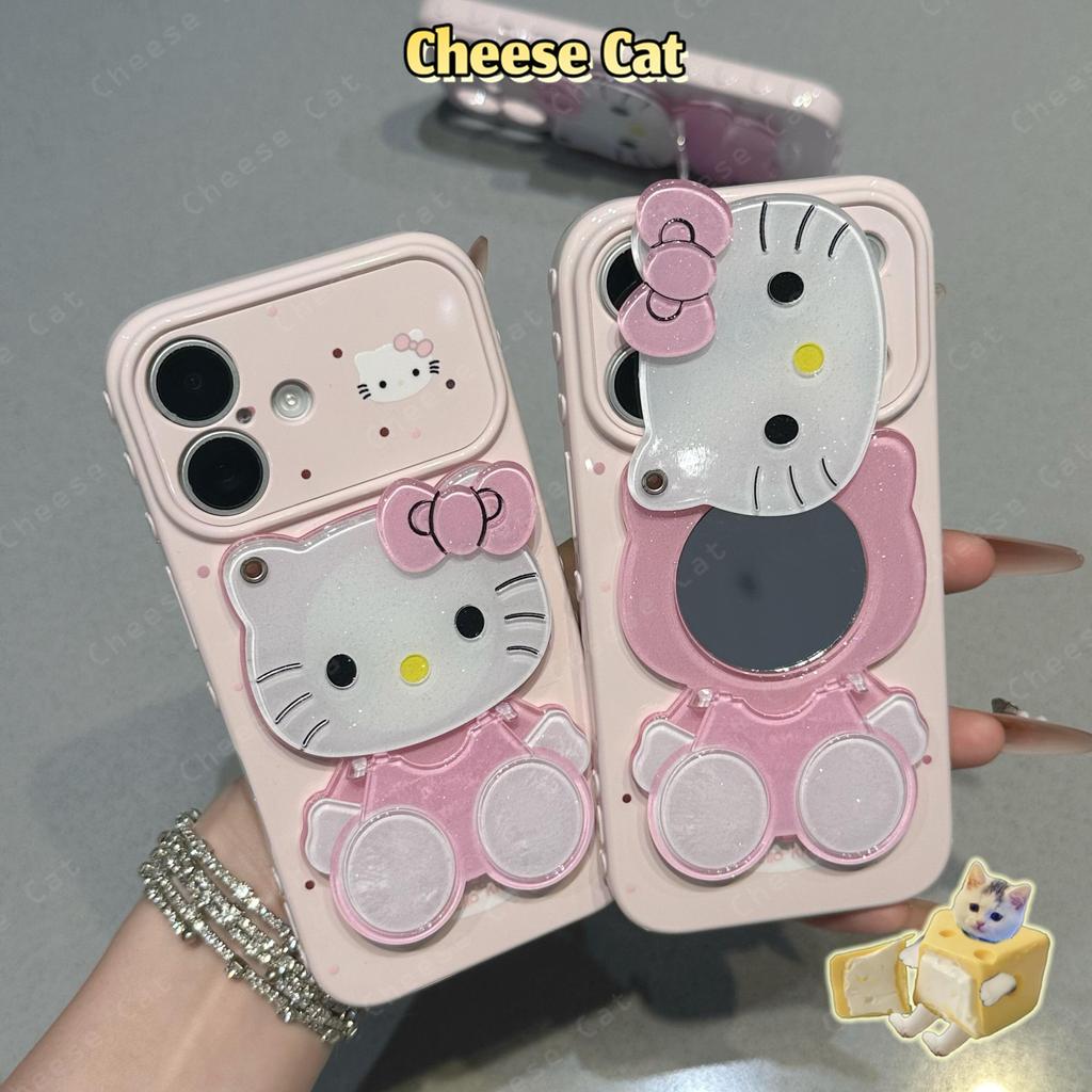 Ốp điện thoại hình gương trang điểm màu hồng lấp lánh hình Kitty màu hồng cho iPhone 17 Pro Max 15 16 13 15 14 12 11 Pro