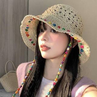 ELBBKG Mũ Rơm Hạt Gỗ Nhiều Màu Sắc Thời Trang Cho Nữ Vào Mùa Hè Với Vành Rỗng Lớn Mũ Chống Nắng Có Thể Gập Lại Mũ Ngư Dân Mới