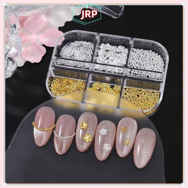 JRP Vàng / Bạc Kim Loại Hoa Anh Đào Hoa Móng Tay Nghệ Thuật Trang Trí Kích Thước Hỗn Hợp Kim Cương Giả Đá Quý Dụng Cụ Làm Móng Tay Phụ Kiện DIY Thiết Kế Móng Tay JRP