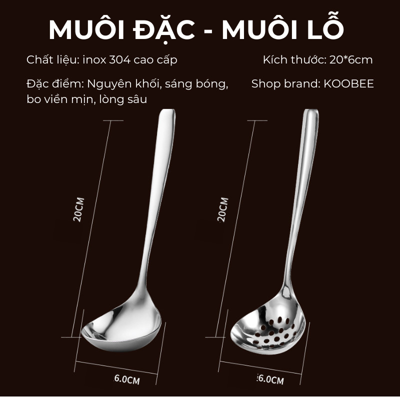 Muôi Múc Canh Inox 304 Nguyên Khối KOOBEE - Thìa Múc Canh, Muôi Lỗ Cán Dài Dày Dặn Đánh Bóng Gương Cao Cấp | 388