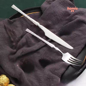 Bộ dao nĩa ăn bằng thép không gỉ nhỏ gọn, họa tiết vỏ cây, thích hợp cho nhà hàng.