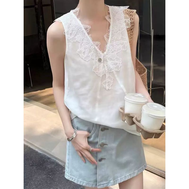 [Giảm giá trong thời gian có hạn] Mùa hè Fat MM Kích thước lớn dáng rộng mỏng hơn trông ren khâu áo Vest không tay cổ chữ V phù hợp cho mọi trận đấu
