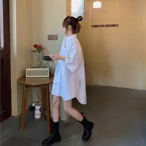 Áo sơ mi ngắn tay giữa chiều dài mùa hè phiên bản Hàn Quốc Áo sơ mi bạn trai dáng rộng Váy sơ mi trắng