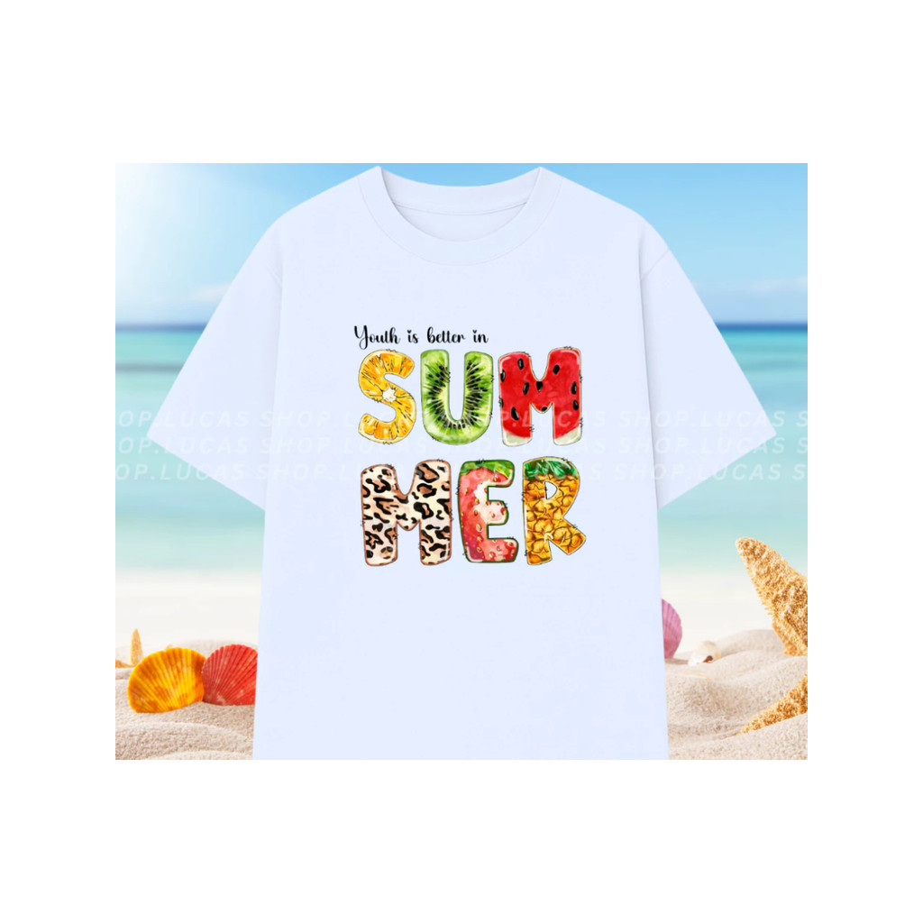（Giao hàng 24h）Angela Áo Thun Mùa Hè Đi Biển Trái Cây Nam Nữ Unisex In Hình Summer Vibes Cổ Tròn Chất Cotton