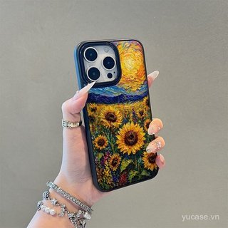 Ốp điện thoại họa tiết da cao cấp Tranh sơn dầu hướng dương nghệ thuật Thích hợp cho iPhone 14promax 15promax 14 15 16 17 pro max 11promax 12 13 promax 14plus Vỏ chống sốc