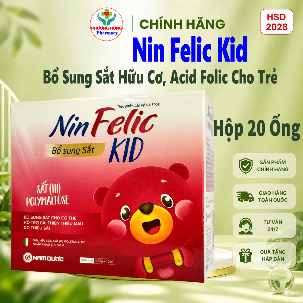 Nin Felic Kid Nam Dược Bổ Sung Sắt Hữu Cơ Và Acid Folic Giảm Thiếu Máu Do Thiếu Sắt Ở Trẻ-Hộp 20 Ống