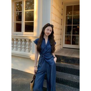 HB - Set Bộ Nữ Giả Denim Xoắn Eo Kèm Quần Dài Ống Suông S144