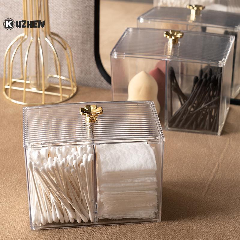 Giá đỡ miếng đệm bông nhiều ngăn trong suốt KUZHEN có nắp, tiện lợi để đựng khăn bông và trang điểm HOT