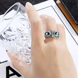 PNPIA- Động Vật Cổ Điển Mở Có Thể Điều Chỉnh Đôi Mắt Xanh Cú Nhẫn Nam Nữ Trang Sức Dự Tiệc Quà Tặng