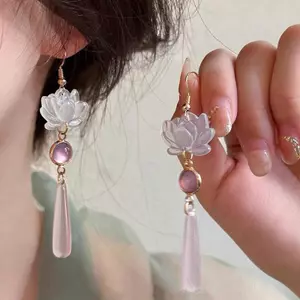 ECK Đơn Giản Sen Mặt Dây Chuyền Tai Móc Retro Handmade Trung Quốc Cổ Điển Bông Tai Trung Quốc Phong Cách Cổ Đại Thanh Lịch HOT