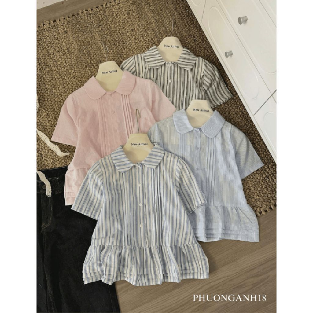 Áo sơ mi kẻ cổ sen xếp ly dáng xoè nhẹ tiểu thư M6029