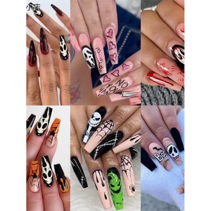 móng tay giả cho bé gái móng tay giả dài móng giả Xuyên Biên Giới Halloween Mặc Móng Tay Ma Đầu Lâu Bí Ngô Bát Phiên Bản Dài 24 Miếng Miếng Miếng Dán Móng Tay Giả Miếng Dán Móng Tay