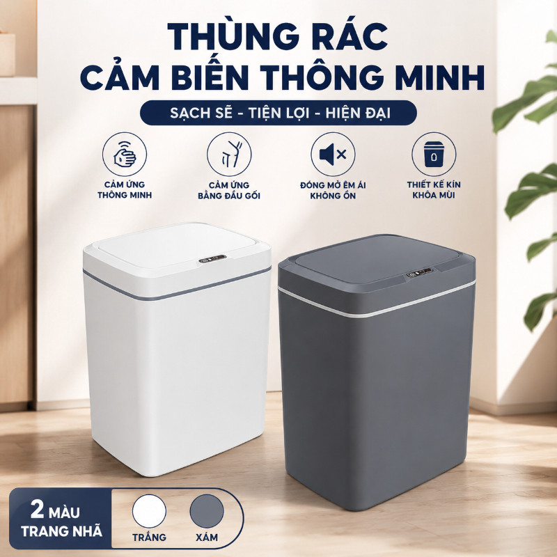 Thùng Rác Cảm Biến Thông Minh 15L, Có Nắp Tự Động, Ngăn Mùi, Cho Nhà Bếp Và Phòng Tắm