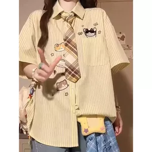 Phong Cách Nhật Bản Preppy Phong Cách Hoạt Hình Mèo Sọc Cổ POLO Áo Sơ Mi Tay Ngắn Nam Nữ Mùa Hè Rời Sinh Viên Top ins