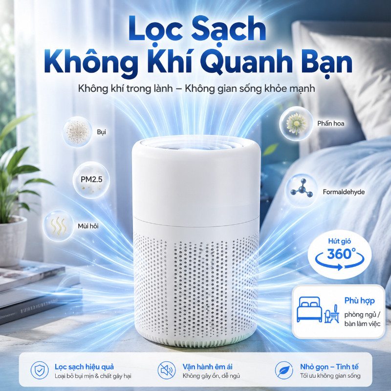 Máy Lọc Không Khí Mini Cao Cấp, Lọc Bụi Mịn Khử Mùi, Diệt Khuẩn Tạo Ion Âm Cho Không Gian Sống Trong Lành