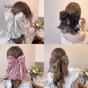 AqToCna Ruy Băng Thời Trang Ngọc Trai Nơ Tóc Cho Nữ Thanh Lịch Voan Nơ Đuôi Ngựa Kẹp Pin Nơ Barrette Ngọt Mũ Phụ Kiện AqToCna