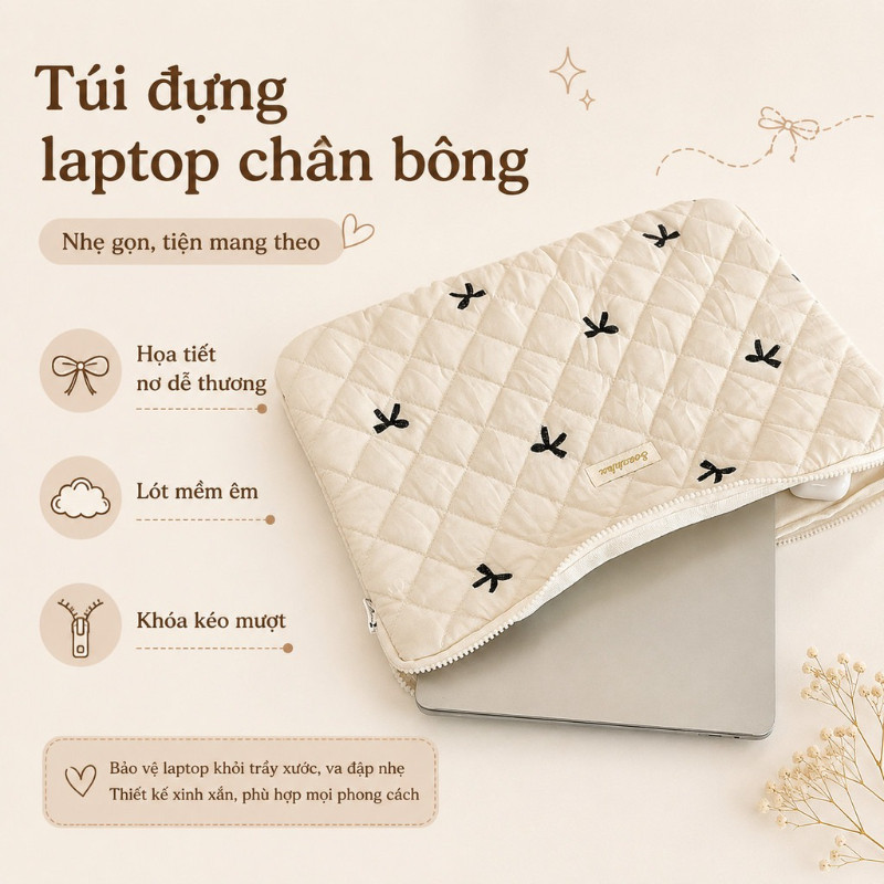 Túi Đựng Laptop Máy Tính Bảng Ipad 11/14/15.6 Inch,Lớp Lót Dày Hơn,Chống Sốc,Màu Thêu Nơ/Hình Thỏ