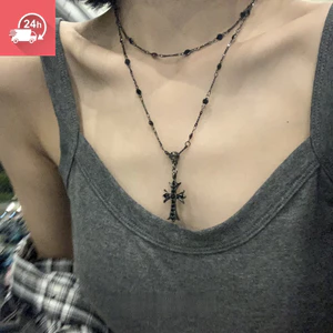 Vòng cổ chéo hai lớp màu đen bí ẩn Y2k độc đáo