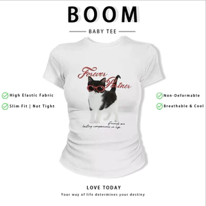 BOOM Áo Baby Tee Nữ Cotton Ôm Body-Áo Thun Ngắn Tay Y2K In Hình PhongCách Mùa Hè, Cổ Tròn Hàng Đầucách hàn quốc phong168