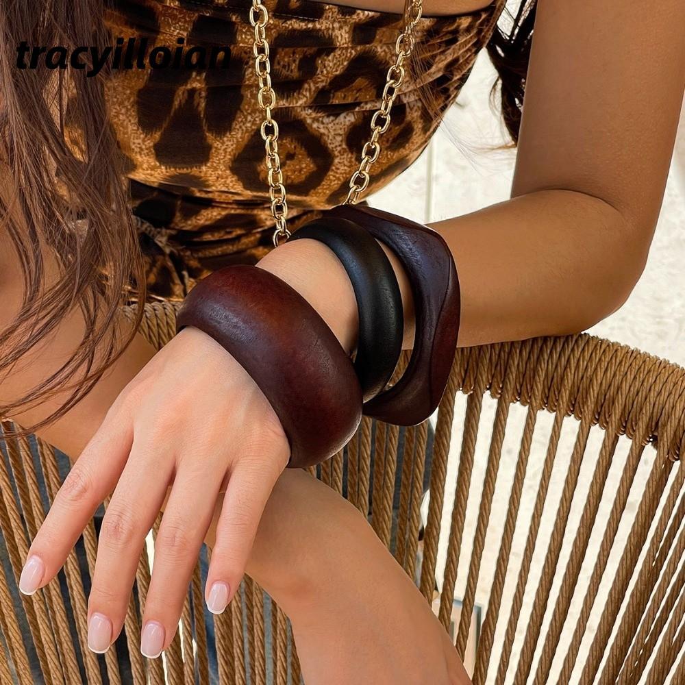 Vòng Tay Bằng Gỗ TRACELIOIAN, Vòng Tay Vuông Hình Học Tròn, Dày Rộng Nữ Lắc Tay Trang Sức