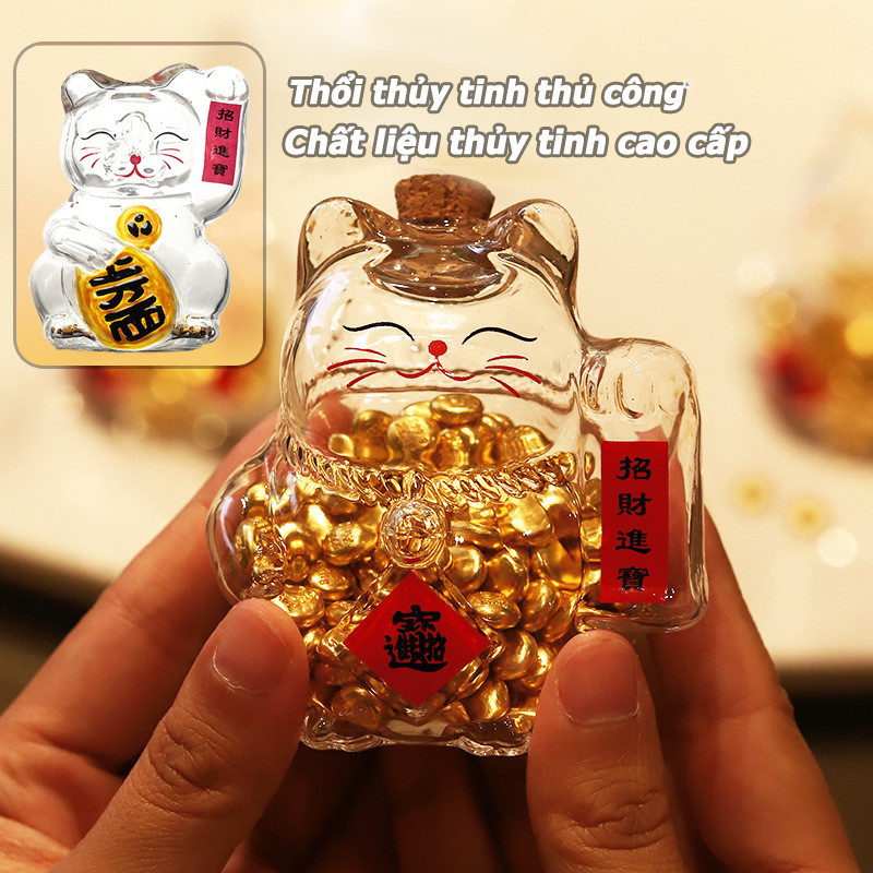 Bình Đựng Tiền Mèo May Mắn Bằng Thủy Tinh,Ống heo tiết kiệm thủy tinh,nhỏ xinh đẹp, lưu trữ tiền vàng