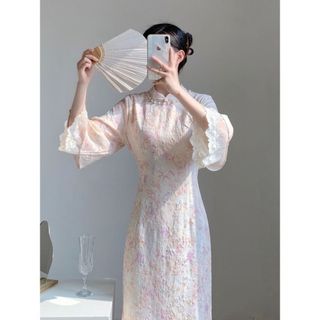 Sườn xám trẻ trung phong cách Trung Hoa cải tiến, cổ điển, tay rộng, thích hợp mặc hàng ngày
