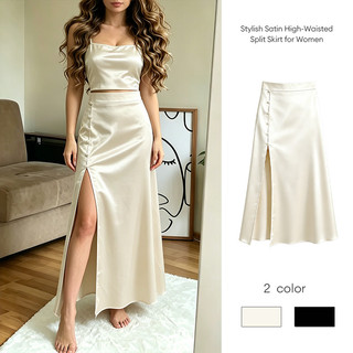 Chân váy satin cạp cao xẻ tà thời trang, phong cách thường ngày, đa năng.