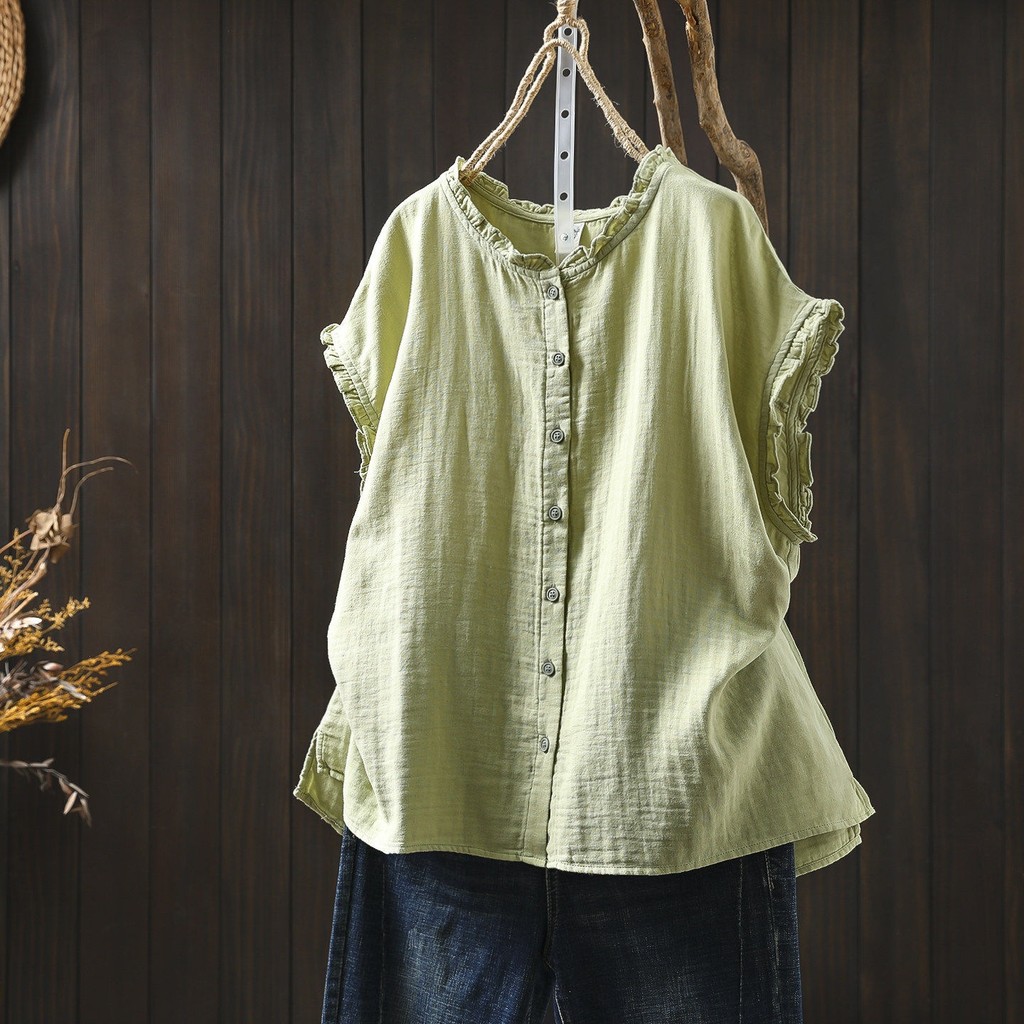 [Sẵn sàng] Áo sơ mi nữ chất liệu cotton cao cấp, dáng rộng tay ngắn, mùa hè, thiết kế bay nhỏ trẻ trung
