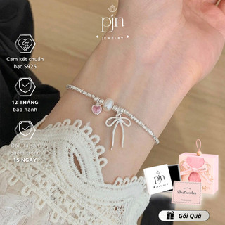 Vòng Tay Bạc S925 Nữ PJN Hạt Vỡ Mix Charm Nơ,Lắc Tay Trái Tim Hồng Điểm Trai Nước Ngọt Nữ Tính Dành Cho Nữ VT18