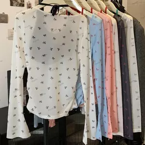 Áo đeo vai PYCOU, Áo sơ mi dài tay in nơ, Lưới chống nắng Slim Fit Y2K Áo đi biển