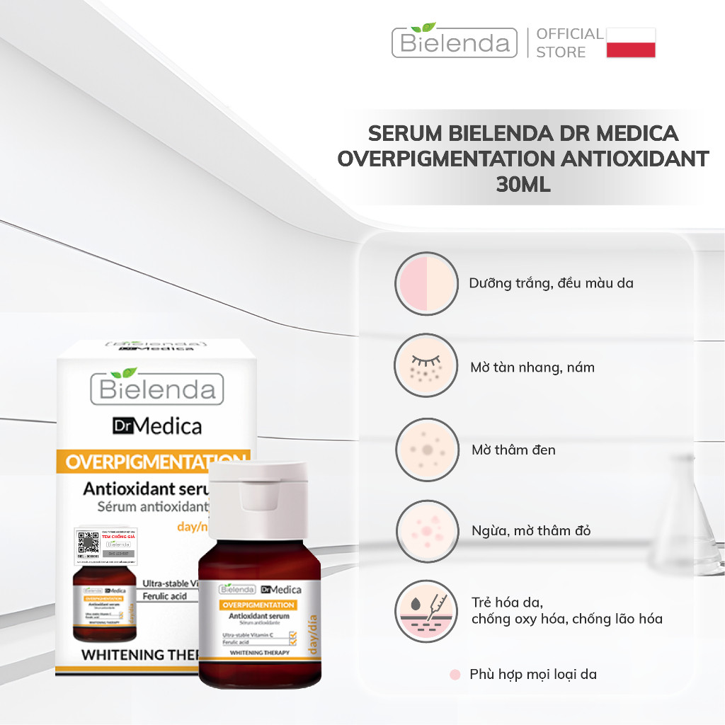 Serum dưỡng trắng Bielenda Dr Medica Overpigmentation Antioxidant mờ thâm, nám, tàn nhang, hỗ trợ trẻ hóa da 30ml