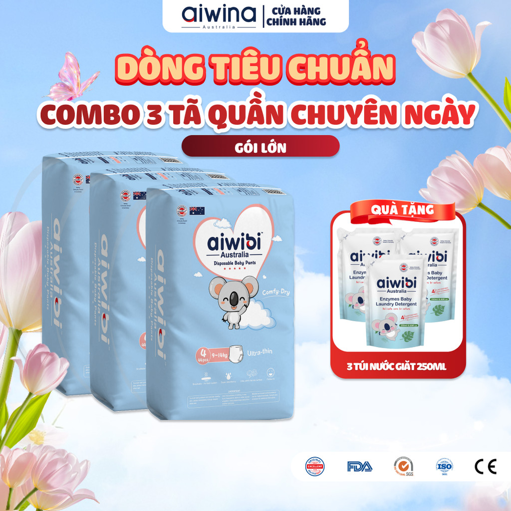 [Combo 3] Tã/Bỉm Quần Aiwibi Tiêu Chuẩn Cho Bé Thoáng Khí, Thấm Hút Nhanh - Gói Lớn M/L/XL/XXL