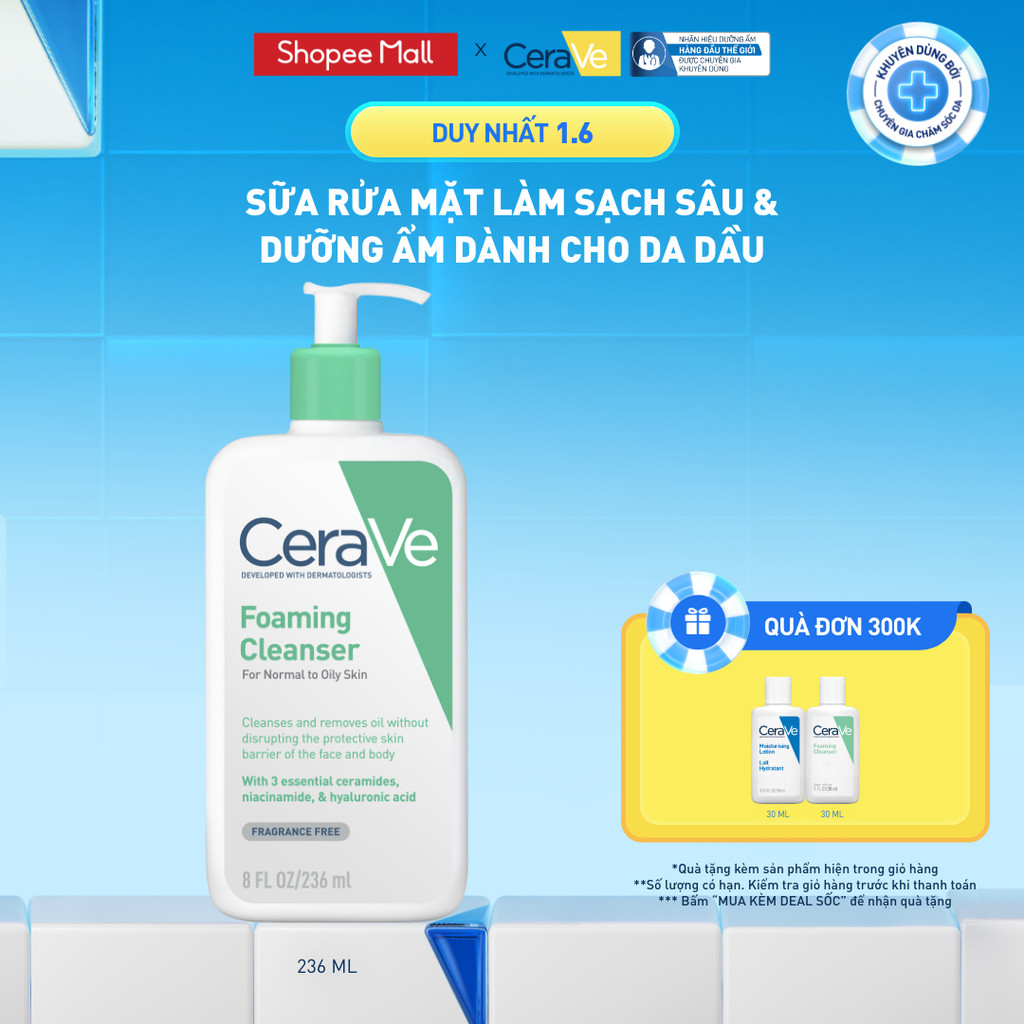 Sữa rửa mặt foaming giúp làm sạch sâu và dưỡng ẩm dịu nhẹ dành cho da dầu - CeraVe Foaming Facial Cleanser 236ML
