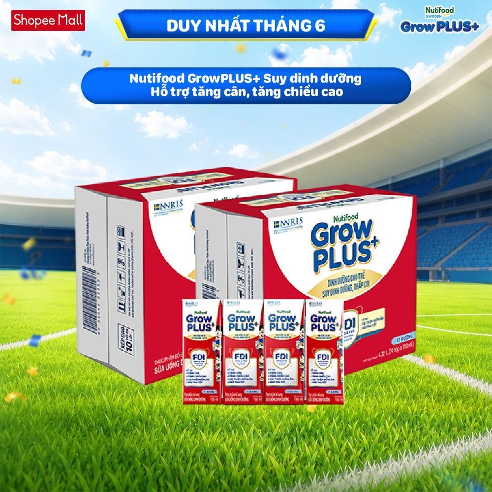 Thùng SBPS Nutifood GrowPLUS+ ít đường Suy Dinh Dưỡng - Tăng Cân, Tăng Chiều Cao (48 Hộp x 180ml) (Bao bì tùy lô hàng)