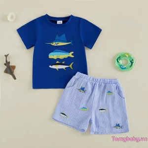2 Bộ trang phục mùa hè cho bé trai Bộ áo thun thêu cá ngắn tay + quần Short