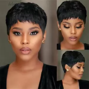 DELMER Pixie Cut Tóc Giả, Chịu Nhiệt, Ngắn Thẳng, Vô Hình Lớp, Tóc Giả Tổng Hợp Lông Tơ Châu Phi Kèm Mái, Dùng Hàng Ngày