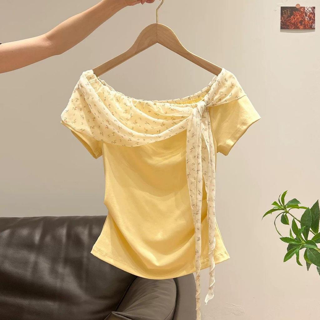 [Thời gian có hạn Seckill] Áo thun ngắn tay thêu ren hoa màu vàng dành cho nữ 2026 Xuân hè Phong cách mới Slim-fit S