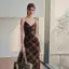 ECK Pháp Retro Kẻ Sọc Suspender Đầm Mùa Hè Nữ Ôm Chữ V Dài Chữ A hông HOT