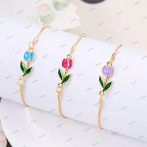 Vòng tay hoa Tulip PYCOU, Men đầy màu sắc Tôm hùm bằng đồng đầy màu sắc Vòng tay quyến rũ tráng men, Dây chuyền kim loại màu vàng ngọt ngào Thiết kế thanh lịch Vòng tay quyến rũ hoa dành cho nữ