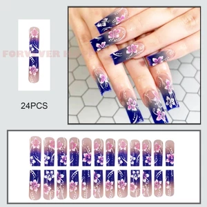 Móng tay giả dài màu xanh Gradient có in hoa - Chất liệu an toàn chống thấm nước cho nữ