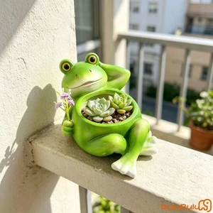 Chậu trồng cây mọng nước Ếch sáng tạo Tượng ếch nằm bằng nhựa ngộ nghĩnh có bó hoa Chậu hoa động vật nhỏ