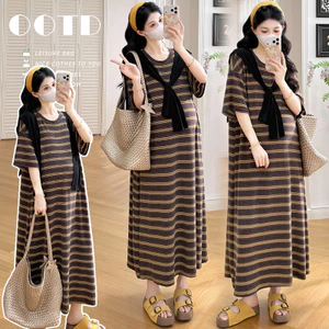 Trang phục bà bầu mùa hè dáng rộng dáng rộng hơn Váy sọc thường ngày + Khăn choàng