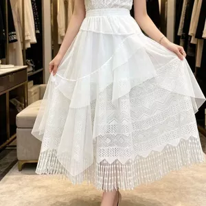 Mùa Hè Phong Cách Mới Rỗng Viền Gạc Váy Nữ Cao Cấp Thời Trang Giữa Chiều Chữ A Không Đều Mùa Xuân Mùa Hè Váy